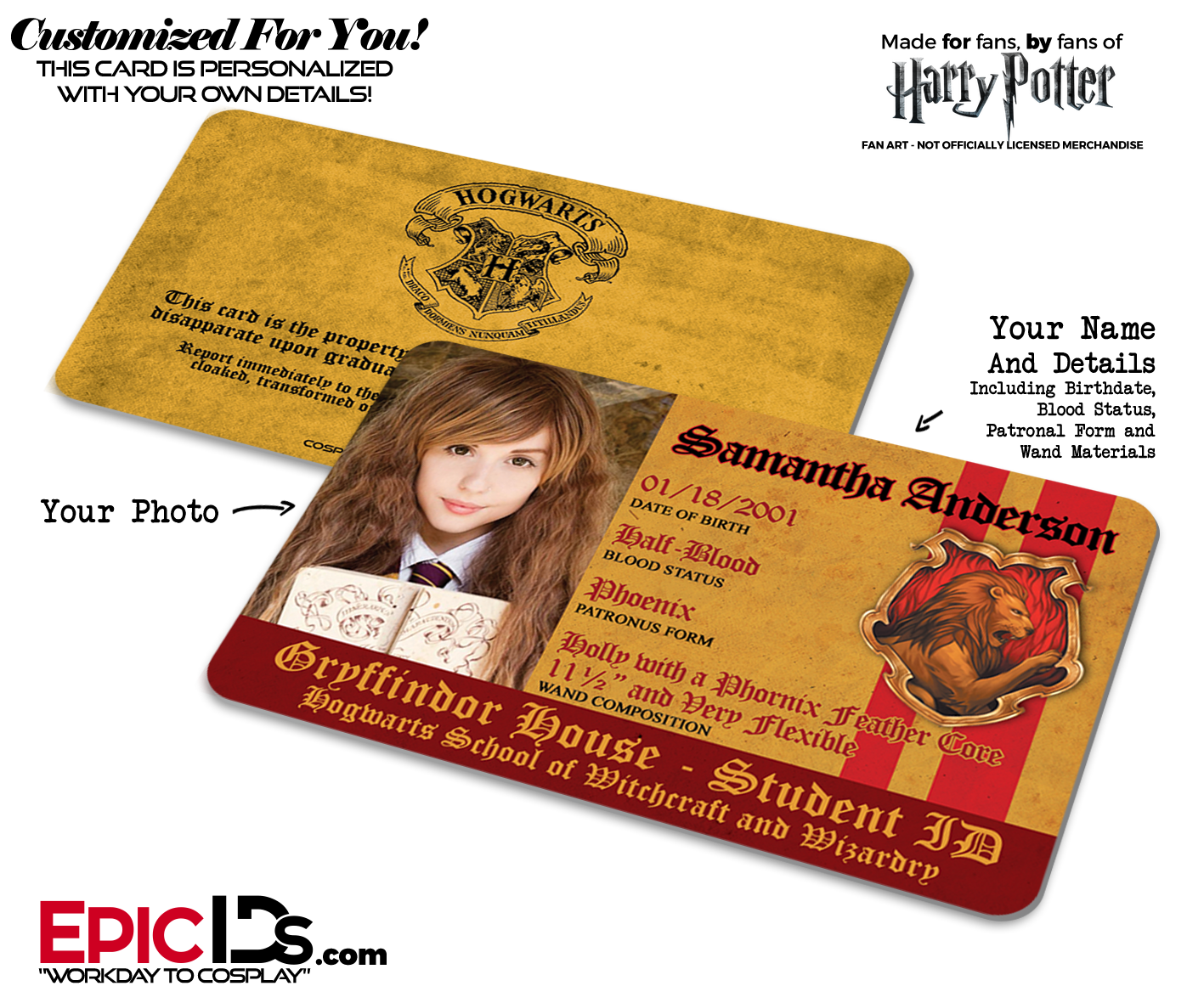 Hogwarts School 'Gryffindor' Harry Potter Inspired Student ID [Photo Personalized]