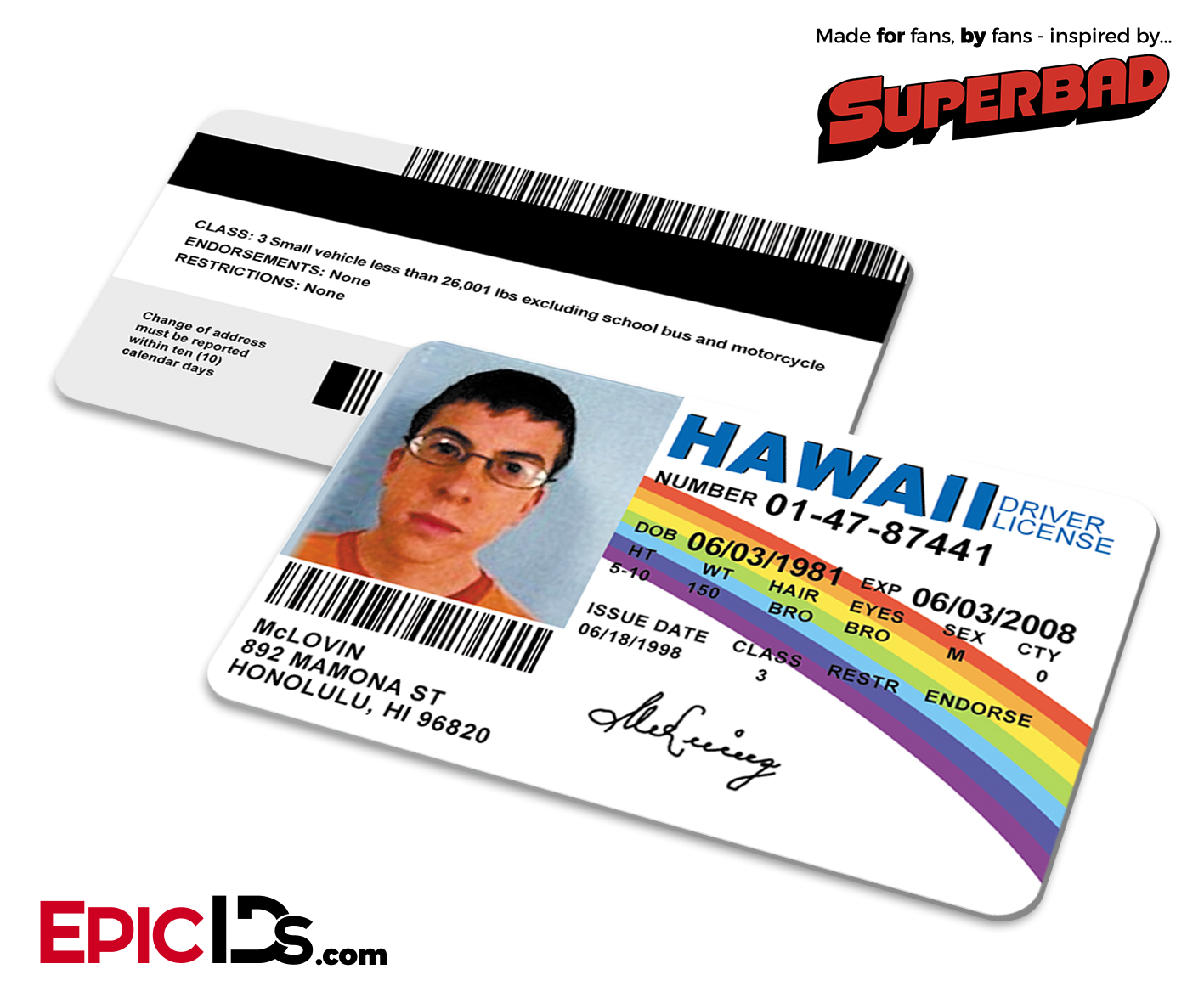 Superbad Inspired "McLovin" Hawaii Drivers License